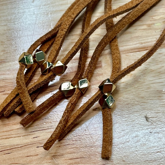 Brown Suede Faux Leather Tassel Gold Stone Beaded Keychain Boho NWOT - Picture 4 of 4